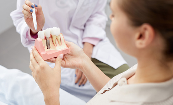a dentist showing a patient an educational model of a dental implant